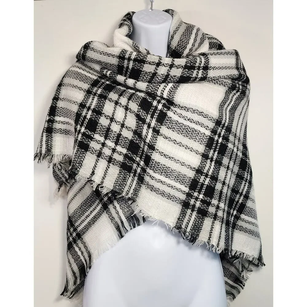 Black White Plaid Fringe Blanket Scarf Shawl Wrap 52x52 NWT